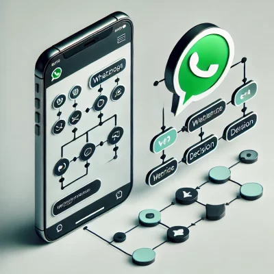 DALL·E 2024-09-28 08.53.35 - A sleek and modern illustration of a smartphone showing the creation of a WhatsApp chatbot flow, inspired by the attached design. The phone displays t